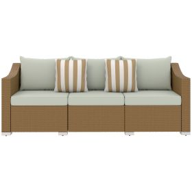 Rattan Wicker 3 Seater Patio Couch with Cushions, 2 Throw Pillows, Outdoor Furniture Rattan Sofa, Light Gray