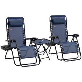 Zero Gravity Lounger Chair Set of 3, Folding Reclining Patio Chair, Side Table, Cup Holder, Headrest, Blue, Poolside & Camping