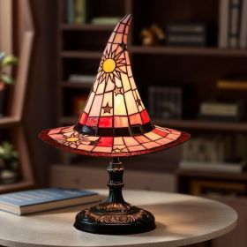 Witch Hat Lamps, Handcrafted Stained Glass Resin Wizard Hat Light Gothic Table Lamp for Halloween Decor (Color: Red)