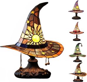 Witch Hat Lamps, Handcrafted Stained Glass Resin Wizard Hat Light Gothic Table Lamp for Halloween Decor (Color: Yellow)