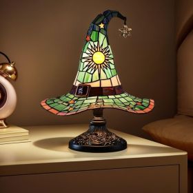 Witch Hat Lamps, Handcrafted Stained Glass Resin Wizard Hat Light Gothic Table Lamp for Halloween Decor (Color: Green)