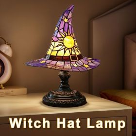 Witch Hat Lamps, Handcrafted Stained Glass Resin Wizard Hat Light Gothic Table Lamp for Halloween Decor (Color: Purple)