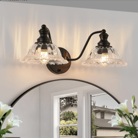 20 Inch 2-Light Vintage Bathroom Wall Sconce - Elegant Black Metal And Glass Lampshade Vanity Light Fixture For Bathroom, Hallway, Or Bedroom Bul (Option: Black)